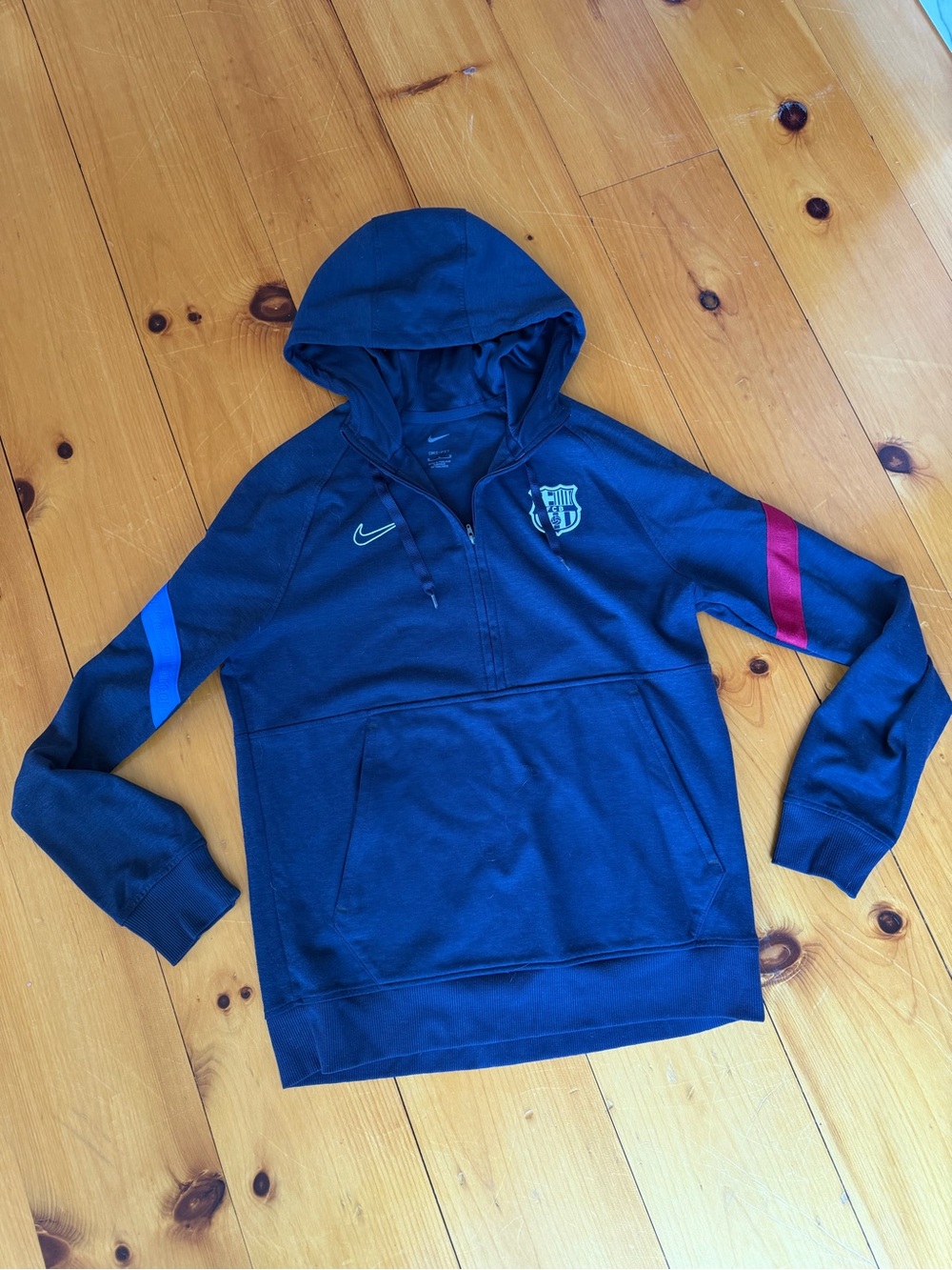 Nike Navy FC Barcelona Zip-Up Hoodie with Contrast Sleeve Stripes